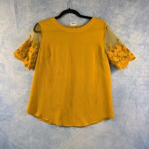 Lulus Mustard Yellow Embroidered Mesh Lace Sleeve Blouse Top Small